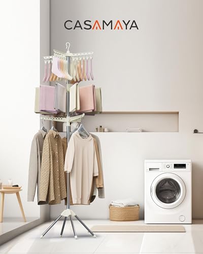 CASAMAYA Clothes Drying Rack Foldable, 79.5 inch 3 Tier Laundry Drying Rack with Rotating Clothes Rail for 27 Pieces of Clothes and 24 Clips for Hanging Socks,Space Saving, White and Silver CDR003W01 - color: White + Silver, size: 3-Tier Clip