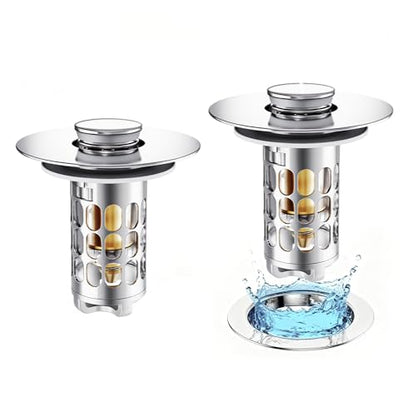 [2 Pack] Universal 3 in 1 Bathroom Sink Stopper, All Metal Pop-Up Bathroom Sink Drain Strainer with Removable Brass Basket Hair Catcher, Sink Plug for 1.1 to 1.6in Drain Holes