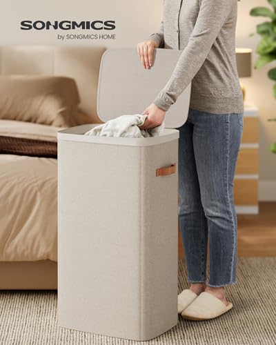 SONGMICS Laundry Basket, 100L Laundry Hamper with Lid, 1 Removable Bag - color: Cappuccino Beige, size: 100 L (1-Section)