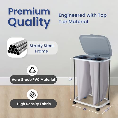 XABITAT Dual Section 90L Laundry Basket with Wheels and Lid – Tall divided Double Laundry Hamper with 2 Removable Washable Bags, Large Laundry Sorter for Easy Clothes Separation