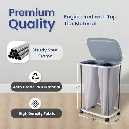 XABITAT Dual Section 90L Laundry Basket with Wheels and Lid – Tall divided Double Laundry Hamper with 2 Removable Washable Bags, Large Laundry Sorter for Easy Clothes Separation
