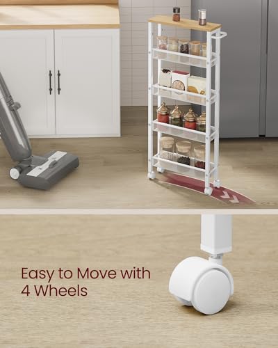 VASAGLE 5-Tier Slim Rolling Storage cart with Wheels, 5.1 Inches, Metal - color: Oak Beige + Classic White, size: 5 Tiers (5.1"D x 39.2"H)