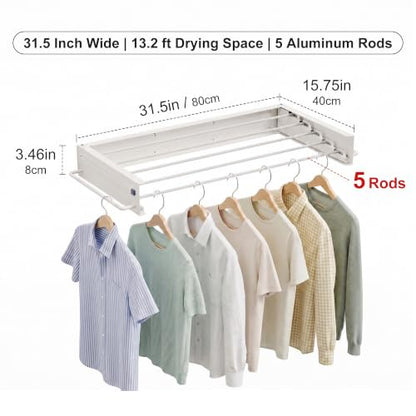 JOOM Wall Mounted Clothes Drying Rack,31.5 Inch Foldable Rack,White,Poles - size: 31.5in-Poles