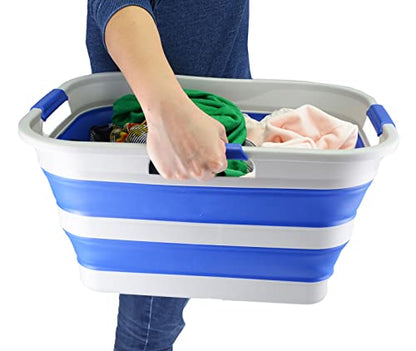 SAMMART 30L(8 gallon) Collapsible Plastic Laundry Basket - Foldable Pop Up Storage Container/Organizer - Space Saving Hamper/Basket - Water Capacity 24L(6.3 gallon) (1, Grey/Purplish Blue) - color: Grey/Purplish Blue
