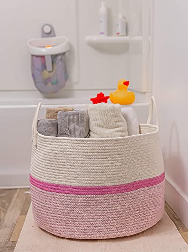 OrganiHaus Round Toy Basket & Blanket Basket, Cotton Rope 20x13" - color: Striped Pink, size: Wide