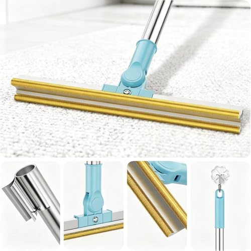 Pet Carpet Rake Hair Remover, Y-Type Reusable Hair Remover for Mats, Rugs, and Sofas; Cat & Dog Hair Removal Tool with 54 Inch Adjustable Long Handle - （Blue）