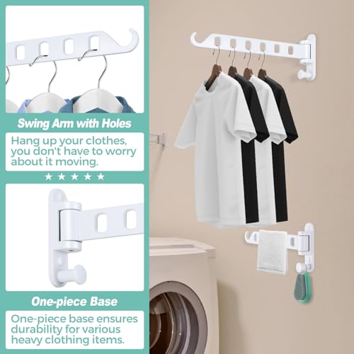 Laundry Drying Rack Wall Mounted - Swing Arm Clothes Hanger with 6-Hole, 180° Rotation Coat Hanger Holder, Foldable Valet Hook for Laundry Closet (2-Pack, White) - color: White (6-hole, 11.4")