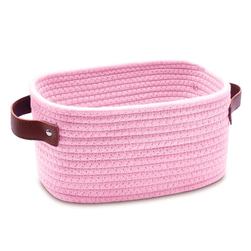 ABenkle Small Storage Basket, Mini Baskets with Handle, Cute Cotton Woven Baskets for Shelves, Boho Decorative Toy Storage Bin for Nursery, Spa, Empty Gift Basket - XS, Pink - color: Pink