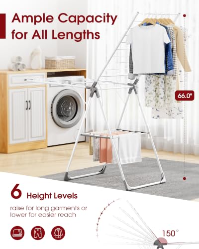 Sakugi Clothes Drying Rack, 69.5" Adjustable Wings, Foldable Design - color: White & Gray, size: XX-Large (69.5"L x 22.8"W x 36.6"H)