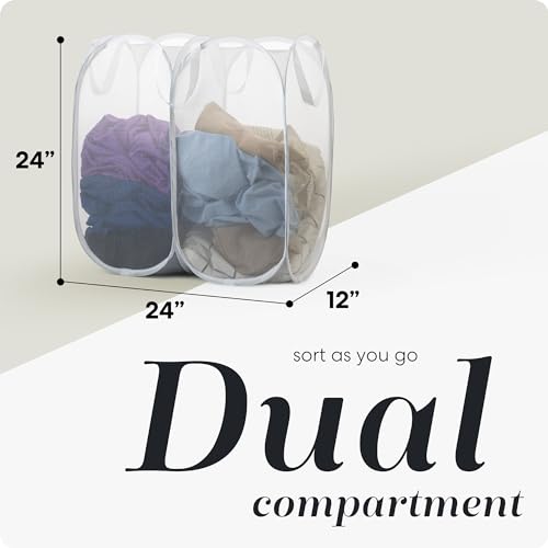 Handy Laundry Mesh Popup Hamper - Two Compartments, Collapsible for Storage and Easy to Open. Folding Pop-Up Clothes are Great for The Kids Room, College Dorm or Travel. (White) - color: White
