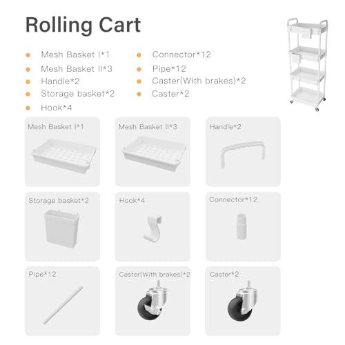 4 Tier Rolling Utility Cart with Handle,REBECAT Utility Cart Made of Multifunctional Storage Organizer Tool for Kitchen,Bathroom,Living Room,Office(White) - color: White