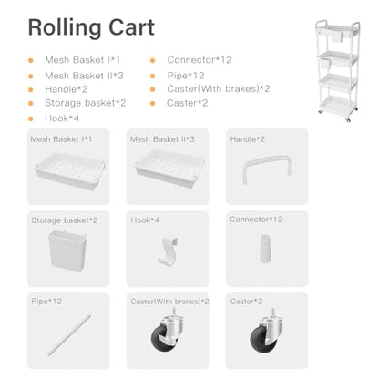 4 Tier Rolling Utility Cart with Handle,REBECAT Utility Cart Made of Multifunctional Storage Organizer Tool for Kitchen,Bathroom,Living Room,Office(White) - color: White