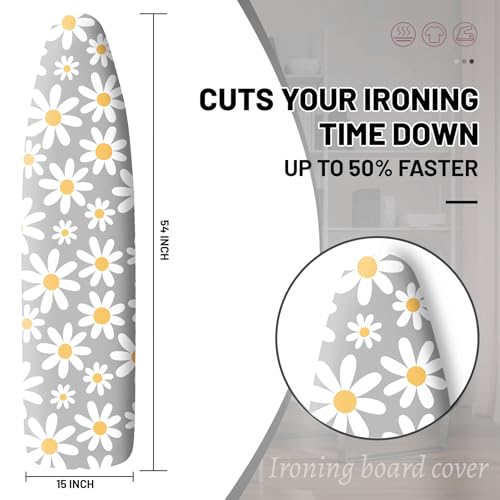 Extra Thick Ironing Board Cover and Pad, 15x54 Ironing Board Cover, Resist Scorching and Staining,Elastic Edges,Grey White Daisy Spring Summmer Flowers - color: Daisy Grey