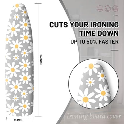 Extra Thick Ironing Board Cover and Pad, 15x54 Ironing Board Cover, Resist Scorching and Staining,Elastic Edges,Grey White Daisy Spring Summmer Flowers - color: Daisy Grey