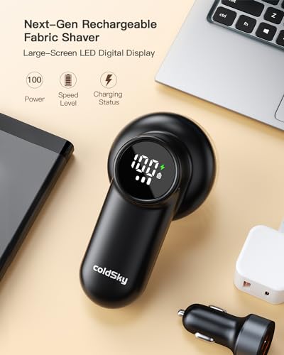 coldSky Rechargeable Fabric Shaver, Lint Shaver with Digital Display, Sweater Shaver with 6-Leaf Blades and Safety Lock, 3-Speeds Defuzzer Remove Fuzz, Pills from Clothes, Furniture, Sofa, Blanket - color: Black