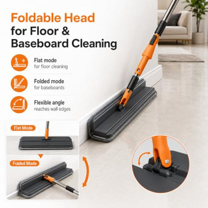 Microfiber Flat Mop for Floor Cleaning, Foldable Floor Mop with 2 Washable Pads & Hair Removal Comb, Adjustable Long Handle Dust Mop for Hardwood Tile Laminate, Wet & Dry Baseboard Cleaner