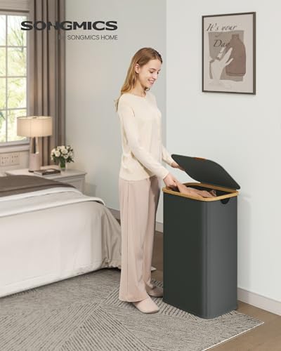 SONGMICS Laundry Hamper with Lid, 100L Laundry Basket, Bamboo Frame - color: Slate Gray, size: 100 L (1-Section)