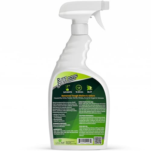 RUFF STUFF Max-Strength Bioenzyme Cleaner, Pet Stain & Odor Eliminator, Laundry Stain Remover Spray for Clothes, Dog Urine Carpet & Upholstery Cleaner, Lemon Scent, 32 Fl Oz