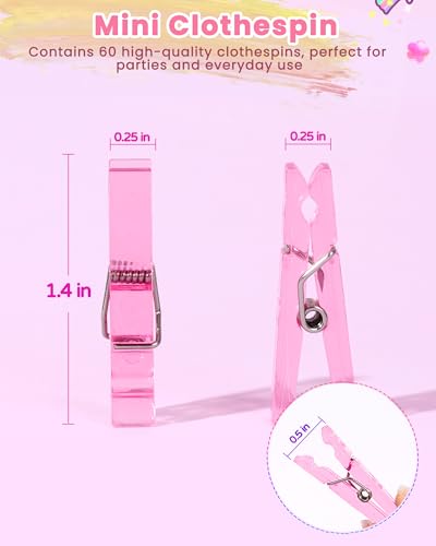 60Pcs Mini Clothespins for Baby Shower Games, Pink Clothes Pins 1.4 Inch - color: Pink Transparent