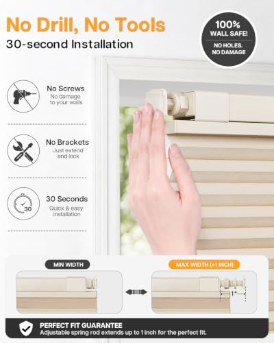 Lazblinds TDBU Cellular Shades, 27" W X 64" H, Beige - color: Light Filtering - Beige, size: 27"W X 64"H