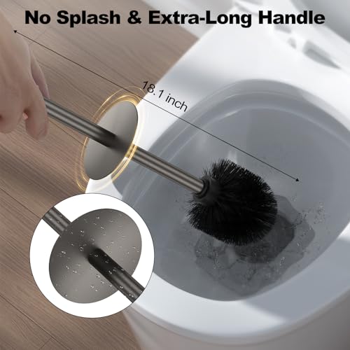 Pewter Toilet Brush and Holder Set，Stainless Steel Heavy Duty Toilet Bowl Brush，Extra Long Handled Modern Toilet Cleaner Brush with Replaceable Head, Removable Inner Bowl, and Splash Protection - color: Pewter