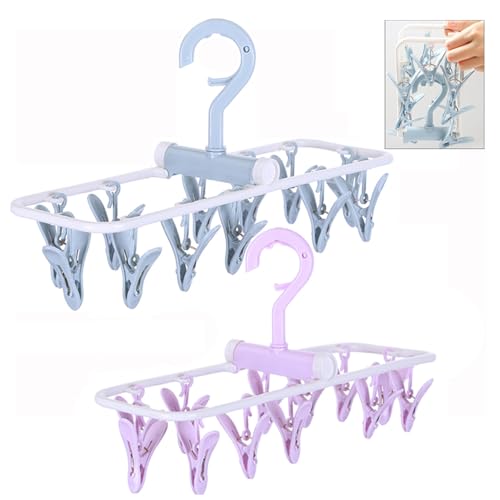 Clothes Drying Racks 2 Pack Small Folding Portable Underwear Hangers with Clips Socks 12 Clips 360° Rotatable Hook for Drying Towels Bras Baby Clothes Gloves Plast