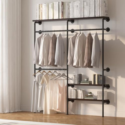 HOMEKAYT Industrial Pipe Clothes Rack,Wall Mounted Clothing Rack with Shelves, Heavy Duty Multi-Purpose Storage Clothes Hanging Shelf - 70.8''L Black - color: black, size: 70.8''L-A