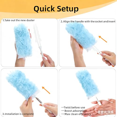 Heavy Duty Duster Refills, Disposable Dusters Kit for Cleaning Dusting Furniture Blind Ceiling Fan, Multi Surface 360 Feather Duster(10)+3FT Extended Handle（1） (Blue) - color: Blue
