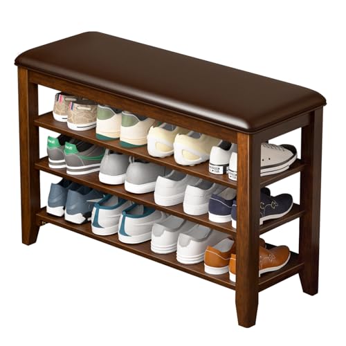 Taitiy Shoe Rack Bench for Entryway, Solid Wood, 3 Tier Adjustable Shelves - color: Walnut, size: 31.5''