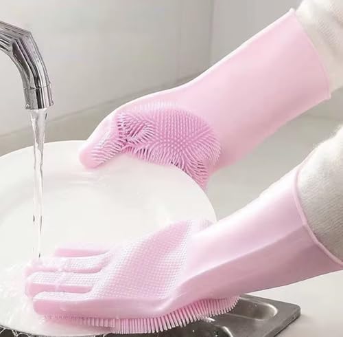 Silicone Dishwashing Scrubber Gloves, Reusable Cleaning Gloves with Built-In Scrubbing Bristles - color: Pink