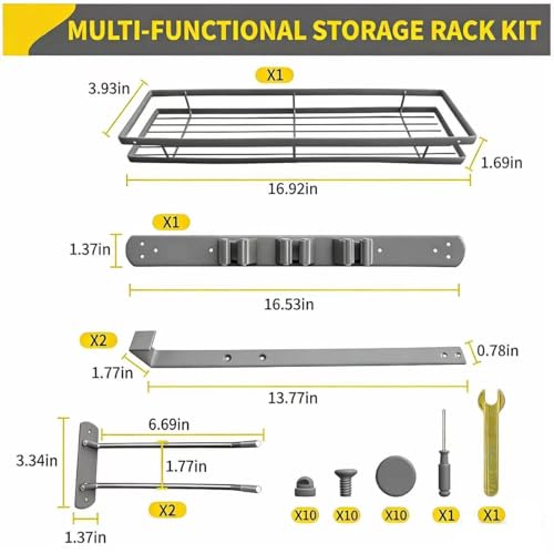 Over Door Tool Organizer, Heavy Duty Utility Rack with 3 Slots, 2 Hooks and 1 Basket, Power Tool & Garden Tool Storage for Garage, Workshop, Warehouse, Fits Brooms and Mops - Grey - color: grey
