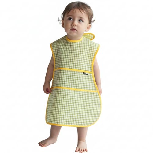 Plie Full Coverage Waterproof Feeding Bib for Toddlers – Extra Long Apron Bib for Mealtime, Self-Feeding, High Chairn - color: Green Check