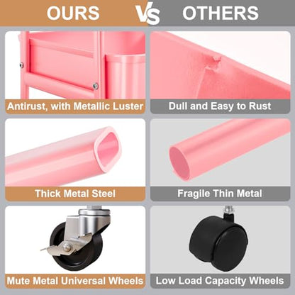 3 Tier Metal Rolling Cart with Lockable Wheels and Handle,Three Tiered Cart - color: Fashion Pink, size: 3 tier