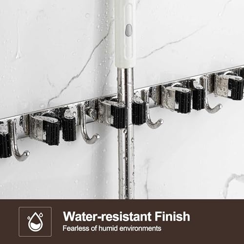 Broom Holder Wall Mount, Stainless Steel Broom Hanger Wall Mount, Heavy Duty Mop and Broom Holder Tool Racks Utility Hooks for Laundry Room Garden Garage, Grey (4 Racks and 5 Hooks) - color: Gray, size: 1Pack 4R5H