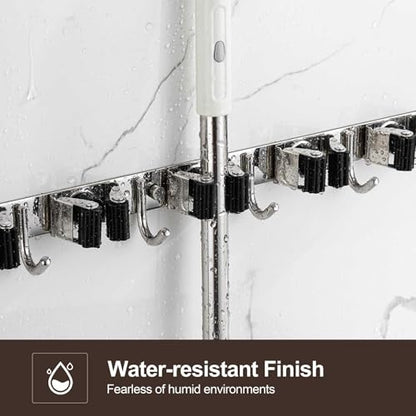 Broom Holder Wall Mount, Stainless Steel Broom Hanger Wall Mount, Heavy Duty Mop and Broom Holder Tool Racks Utility Hooks for Laundry Room Garden Garage, Grey (4 Racks and 5 Hooks) - color: Gray, size: 1Pack 4R5H