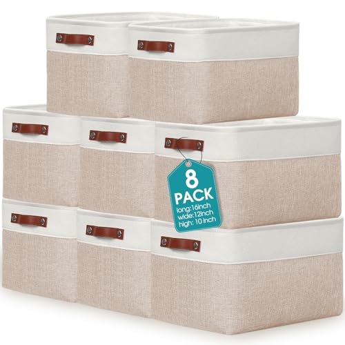 Uiifan 16 x 12 x 10 Inch 8 Pack Fabric Storage Baskets with Handles, Beige - color: Beige, size: 16 x 12 x 10 Inch
