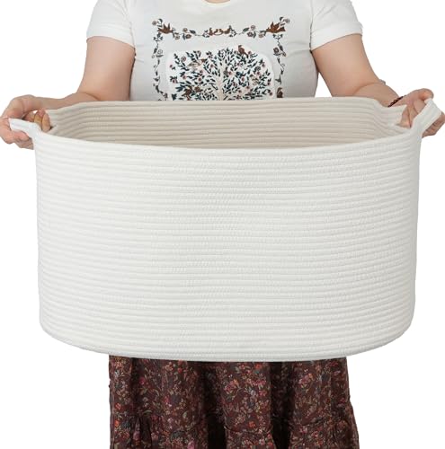 XUANGUO Large Rectangle Woven Cotton Rope Blanket Basket 22"x17"x12" White - color: white