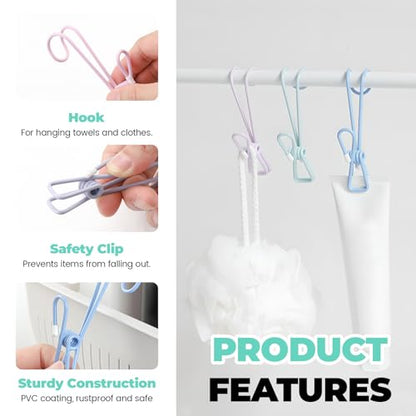 12 Pack Clothes Pins with Hooks, Hanging Clips Anti Rust Metal Laundry Hooks, Multifunctional Hanger Clips for Towels Socks Outdoor Clothesline Closet