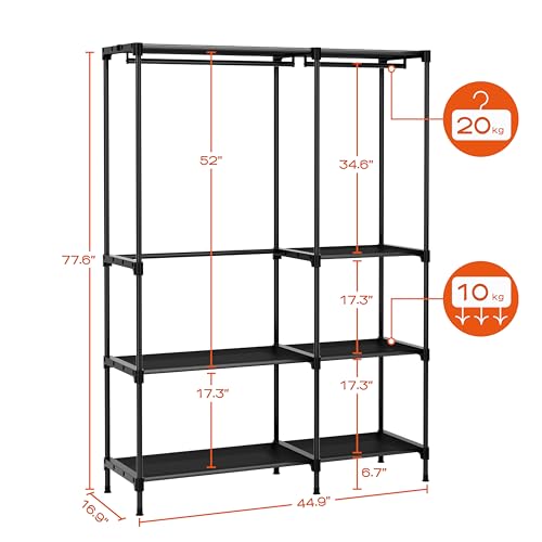 CASAMAYA Clothes Rack, Portable Closet, 44.9 Inch Large Capacity Wardrobe Closet, Clothes Storage Organizer with Shelves and 2 Hanging Rods, Easy to Assembly, Black PCT021B01 - size: 44.9"L x 16.9"W x 77.6"H