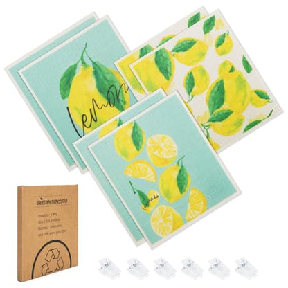 Swedish Dishcloths for Kitchen, 6 Pack Lemon Swedish Dish Towels with Clips, Reusable Paper Towels Washable Non-Scratch Super Absorbent Cellulose Sponge Cloths, Biodegradable No Odor - color: Lemon