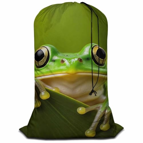 Swono Green Frog Laundry Bag Large Heavy Duty Laundry Backpack with Adjustable Drawstring Closure Frog Peeking Out From Behind The Leaves Laundry Hamper for Traveling Dirty Clothes Organizer - color: Green Frog