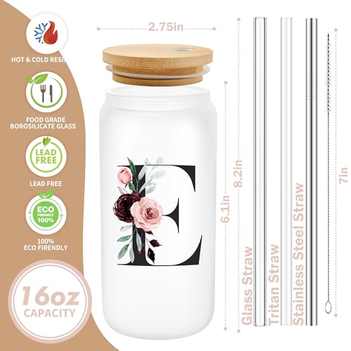 Personalized Customizable Gifts for Women, Cute Glass Cups with Lids and Straws, Customized Letter Iced Coffee Cup Drinking Glasses Initial Mug Tumbler, Birthday Boss Lady Gifts for Women Coworker, E - style: Letter E
