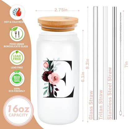 Personalized Customized Gifts for Women, Cute Glass Cups with Lids and Straws, Monogrammed Drinking Glasses Initial Iced Coffee Cup, Custom Letter Tumbler Mug, Birthday teacher Gifts for Mom Her, F - style: Letter F