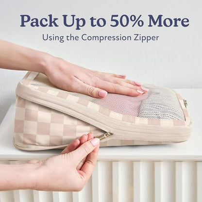 Vandel Compression Packing Cubes for Women, Set with Hanging Toiletry Bag - color: 2. Neutral Checker, size: Deluxe Set (4 Cubes + Toiletry & Laundry Bags)