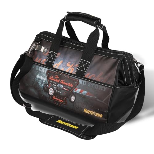 Hurricane Busted Knuckle Garage 16 Inch Wide Mouth Tool Bag with 21 Pockets, Large Inner Space and Water Proof Base Updated Tape Measure Holder with Extra Shoulder Strap - color: Busted Knuckle Garage