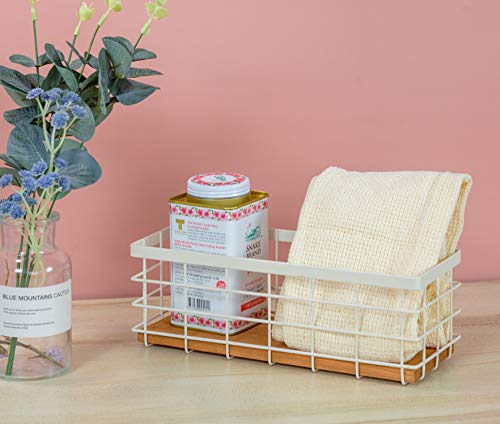 TIEYIPIN Small Metal Wire Storage Basket, Detachable Wood Base Storage Organizer Bin Basket for Kitchen Cabinets, Bathroom, Pantry, Garage, Laundry Room (Cream White, 2 Pack) - color: White, size: 2 Pack