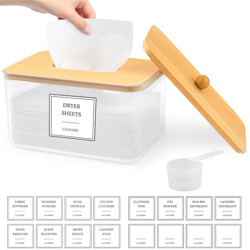 Dryer Sheet Holder, Clear Dryer Sheet Dispenser with Bamboo Lid