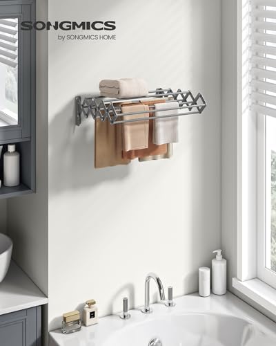 SONGMICS Clothes Drying Rack, Wall-Mounted, 9 Staggered Hanging Rods - color: Dove Gray