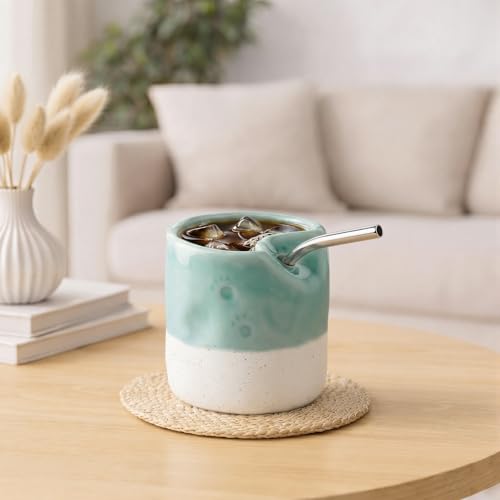 Ceramic Coffee Mug with Sip Hole 10oz Espresso Cup with Straw and Cleaning Brush Paw Pattern Green Cup Porcelain Travel Cups Cappuccino Latte Mug for Kitchen Coffee Bar - color: Green/White