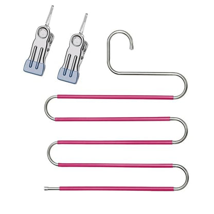 Pants Hangers Space Saving Clothes Hanger for Closet, 5 Layer - color: Rose Red+silver